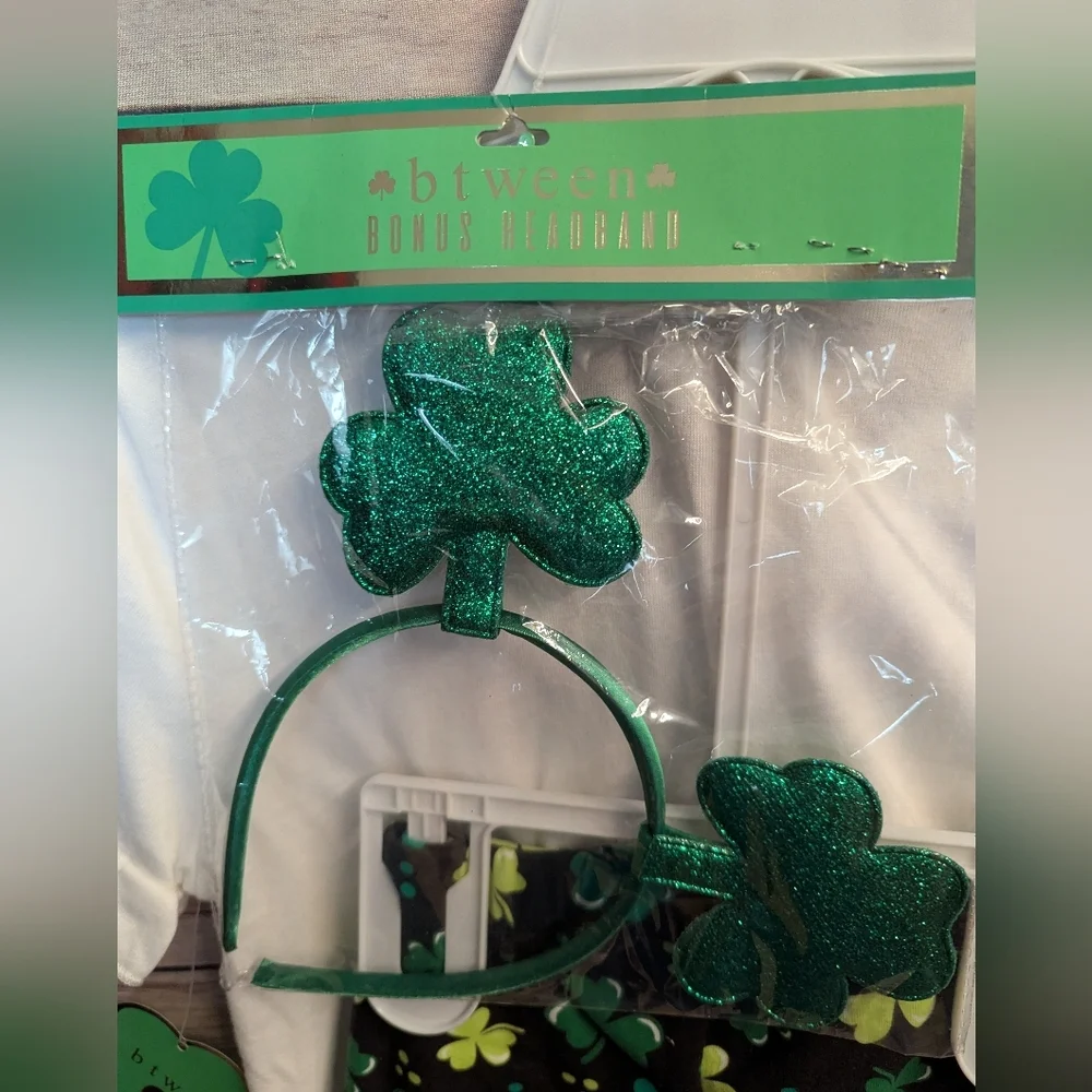 St. Patrick's Day Glitter Top  with Shamrock Leggings And Headband Kids Size 7 - Picture 5 of 6